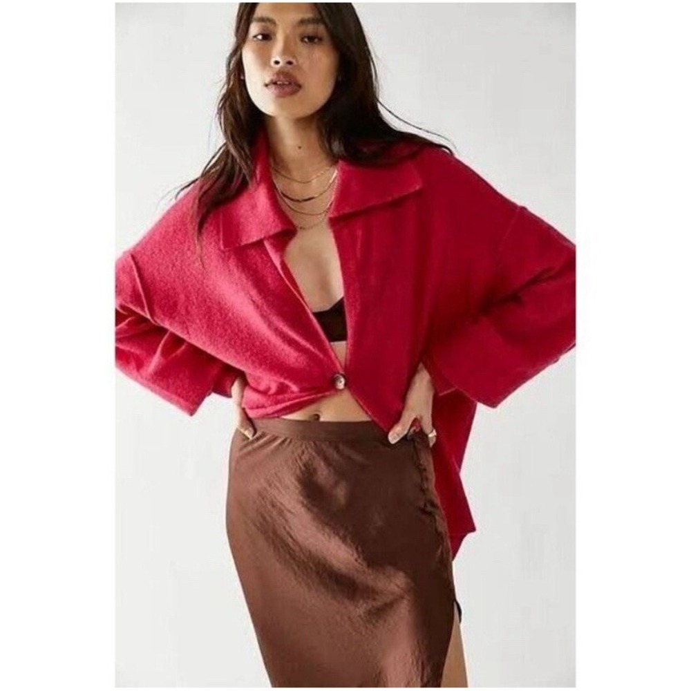 Free People S 100% Cashmere Magenta Slouchy Cardigan Sweater Button Oversized